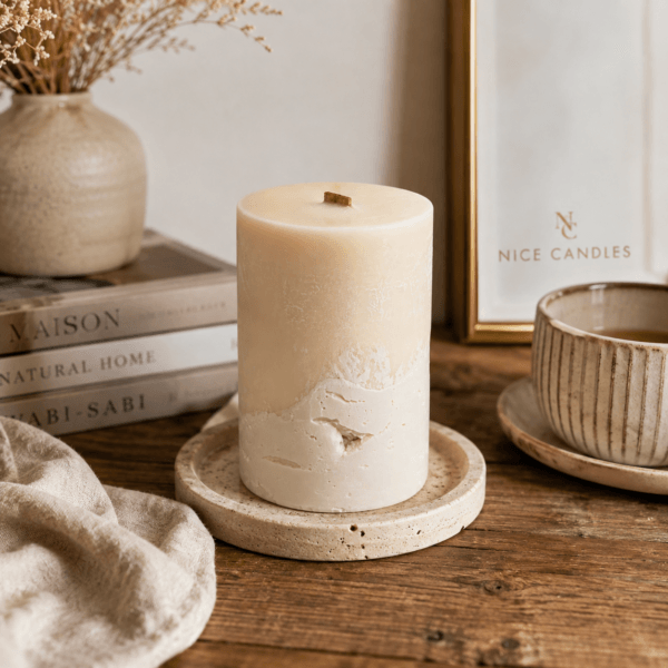 Bougie artisanale sur béton en cire végétale parfumée dans une décoration intérieure naturelle