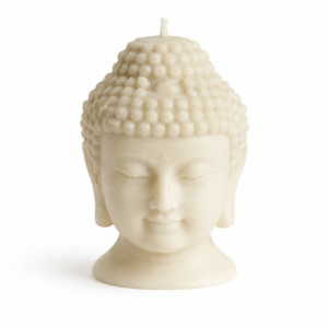 Bougie artisanale tete de Bouddha en cire vegetale decoration zen 300x300 cire vegetale Bougie artisanale en forme de tête de Bouddha en cire végétale blanche, posée sur fond blanc, décoration zen et spirituelle faite main en cire vegetale