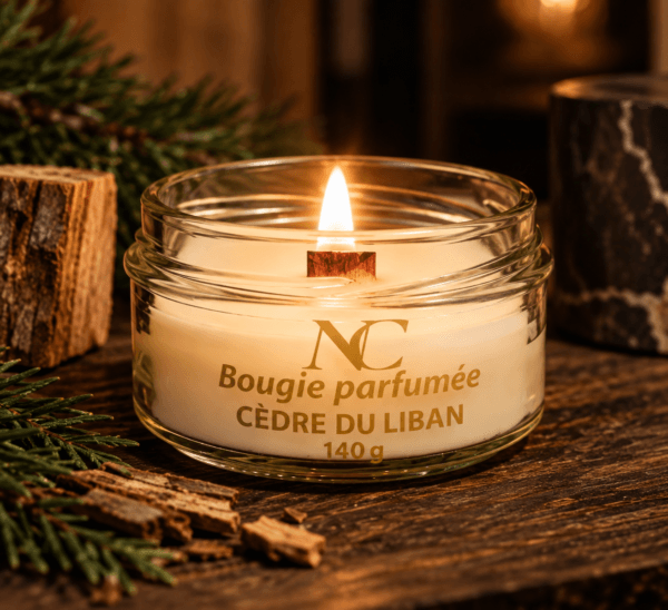 bougie-cedre-du-liban-140g-nicecandles Bougie parfumée artisanale Cèdre du Liban 140 g avec mèche en bois crépitante, fabriquée à Nice