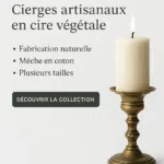 Cierge artisanal en cire végétale sur chandelier en laiton avec texte promotionnel