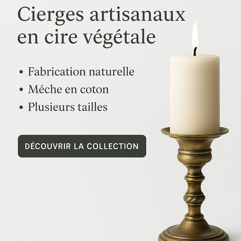 Cierge artisanal en cire végétale sur chandelier