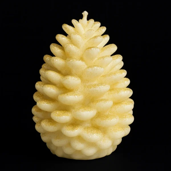 bougie-pomme-de-pin-mica-or-fond-noir-nicecandles Bougie pomme de pin décorée de mica or sur fond noir