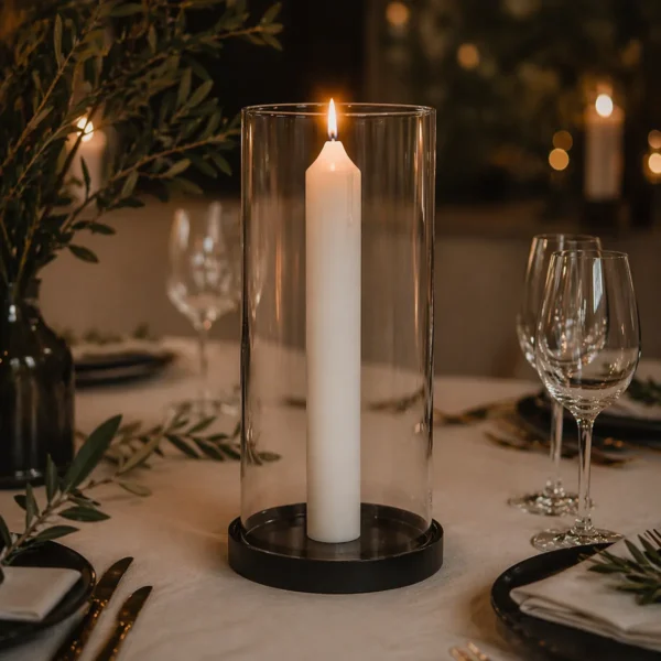 cierge artisanal 25 cm pour table dans photophore en verre ambiance dîner élégant