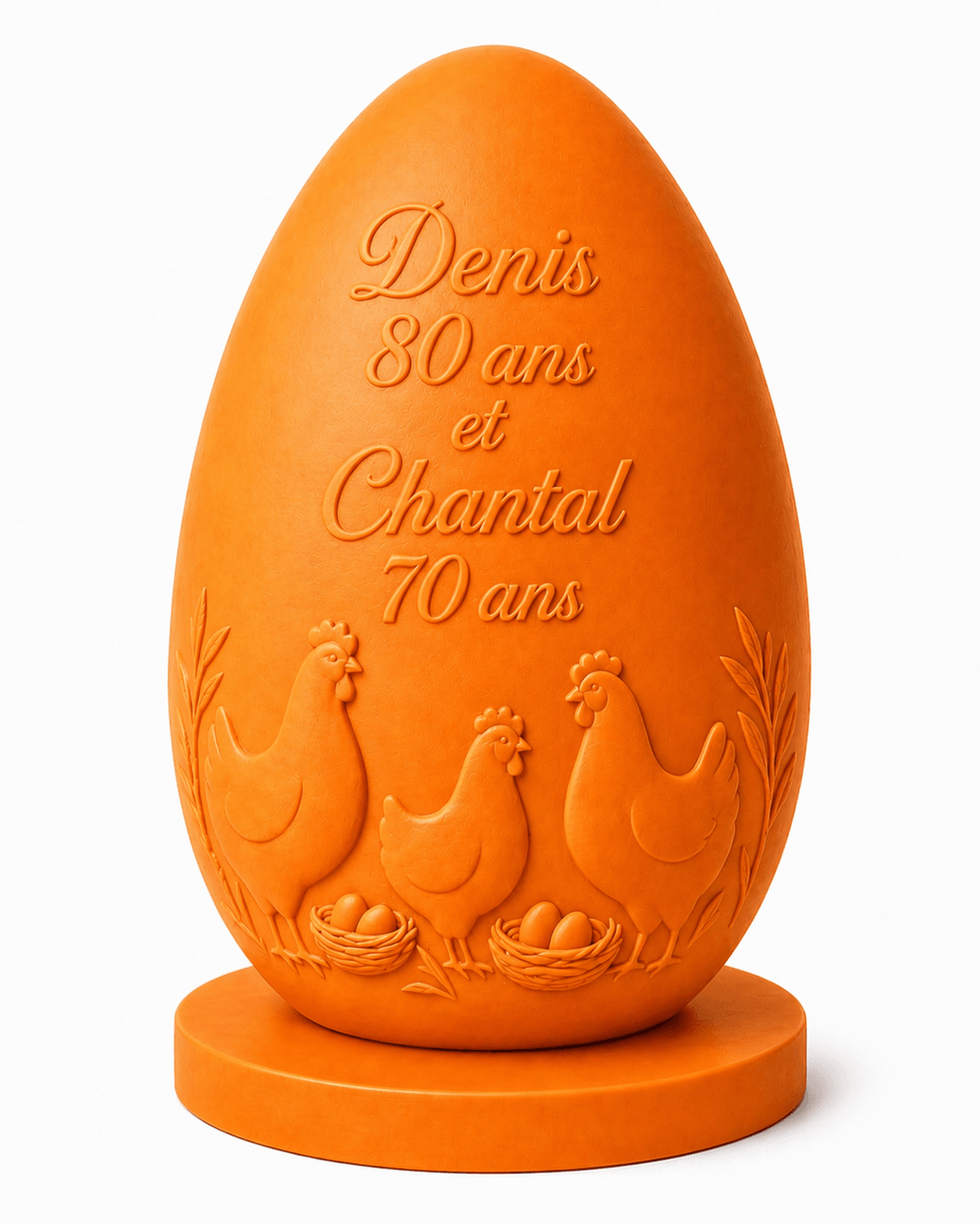 Bougie œuf personnalisée pour anniversaire Bougie orange en forme d’œuf avec texte d’anniversaire et poules sculptés en relief