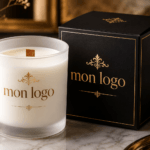 Bougie personnalisée sur mesure en verre mat blanc avec mèche en bois et logo doré, présentée avec son coffret noir premium assorti.