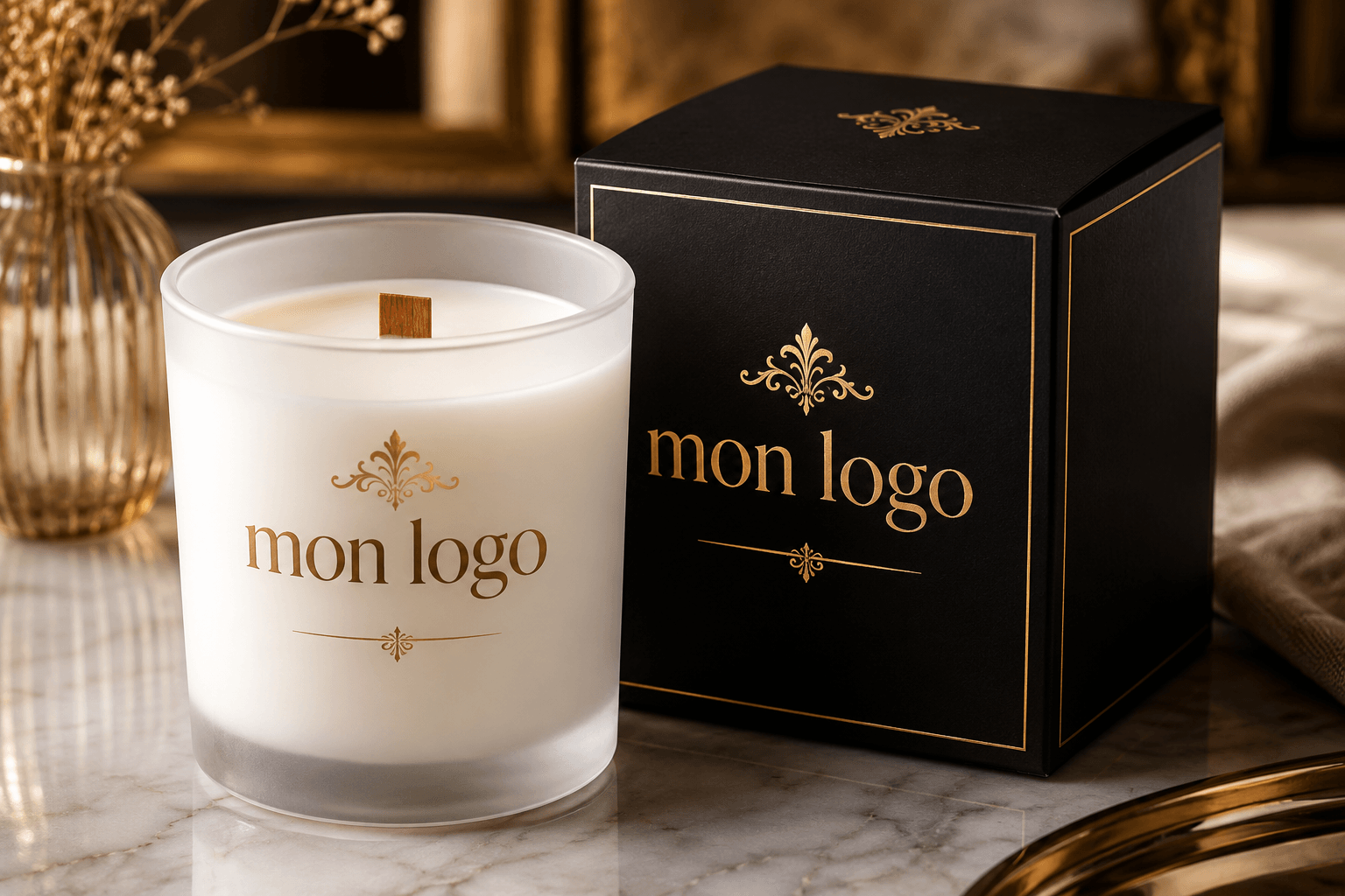 Bougie personnalisée sur mesure en verre mat blanc avec mèche en bois et logo doré, présentée avec son coffret noir premium assorti.