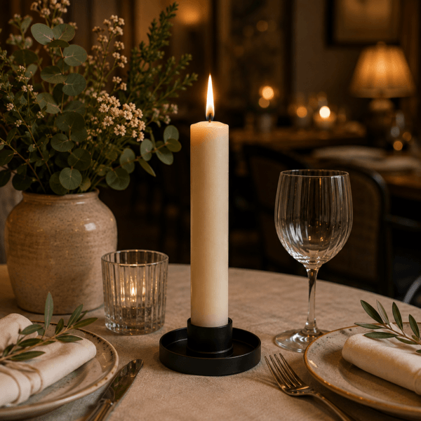 Cierge artisanal Ø40 x 200 mm – Bougie de table Cierge artisanal Ø40 x 200 mm en cire végétale allumé sur une table élégamment dressée